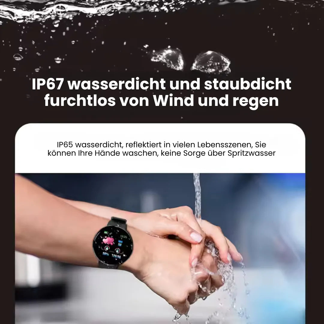 Elegante gezondheids-smartwatch met ECG- en slaaptracker, robuust design, rond wijzerplaat en stijlvolle band.