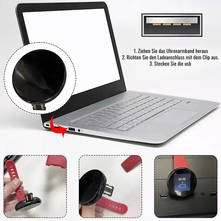 Elegante gezondheids-smartwatch met ECG- en slaaptracker, robuust design, rond wijzerplaat en stijlvolle band.