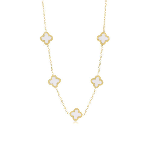 Elegante goud-witte klavertje vier ketting, filigrane details, verstelbare lengte, verguld, sieraad voor stijlvolle outfit