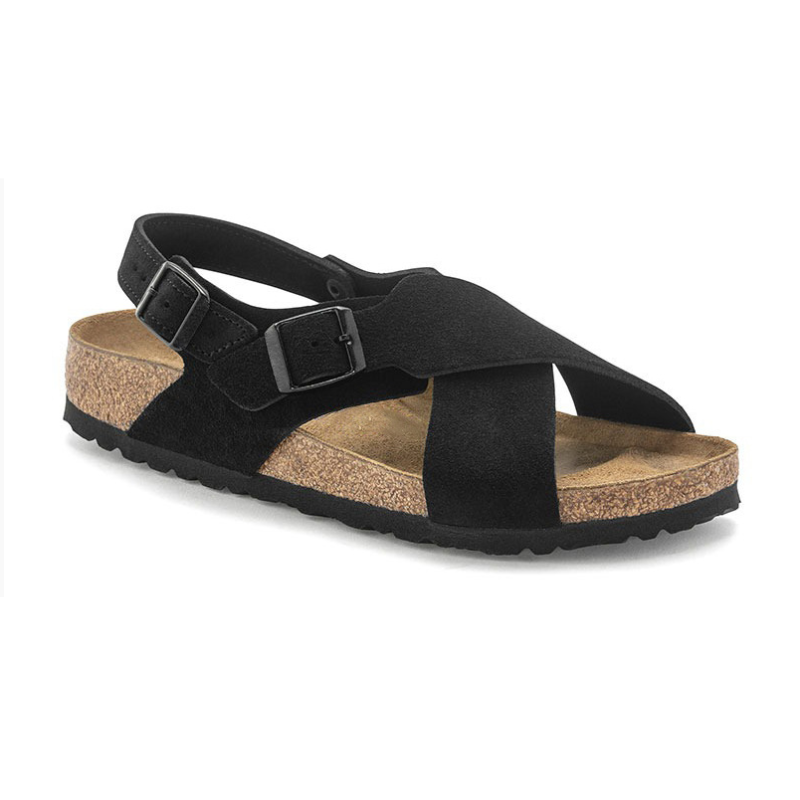 Elegante grijze suède kruisband sandalen voor dames, ideaal voor comfort en stijl bij elke gelegenheid.