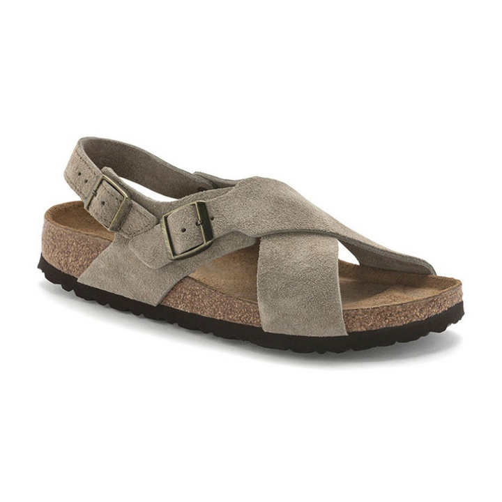 Elegante grijze suède kruisband sandalen voor dames, ideaal voor comfort en stijl bij elke gelegenheid.