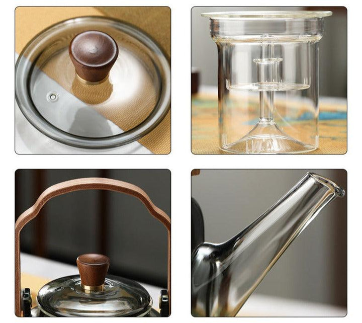 Elegante Grijzen theepot van hout en glas, ideaal voor het theeritueel, met transparant rookglas en een natuurlijke houten accent.