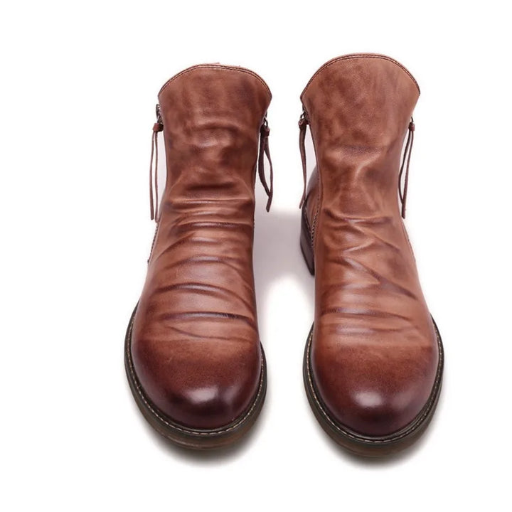 Elegante heren Chelsea laarzen van bruin en grijs leer met ritssluiting en antislip rubberen zool.