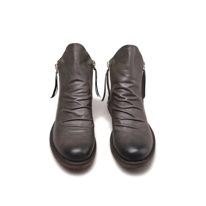 Elegante heren Chelsea laarzen van bruin en grijs leer met ritssluiting en antislip rubberen zool. Perfect voor elke gelegenheid.