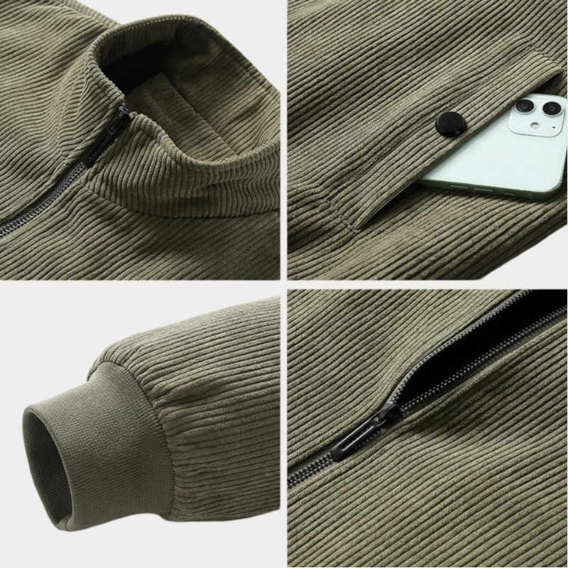 Elegante herenjas met opstaande kraag, modern design en praktische zijzakken, perfect voor koelere dagen.