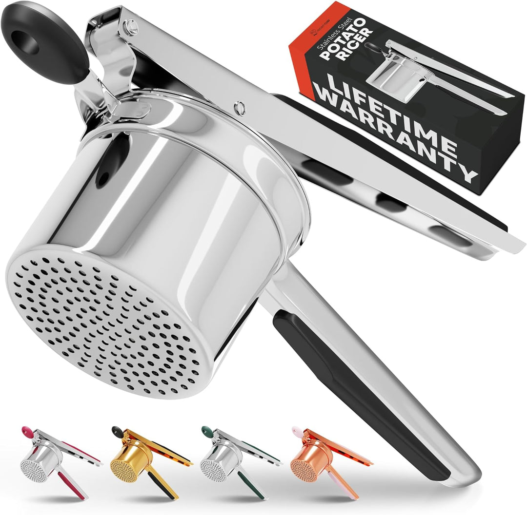 Elegante roestvrijstalen aardappelpers met antislip siliconen handgrepen voor moeiteloos persen en romige puree.