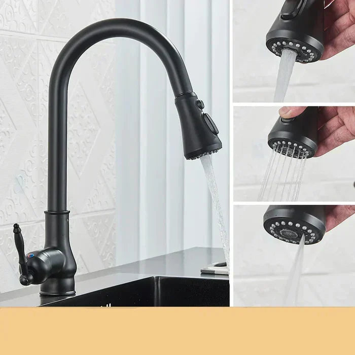 Moderne mat zwarte design keukenkraan; 3-weg kraan voor de keuken, flexibel en functioneel.