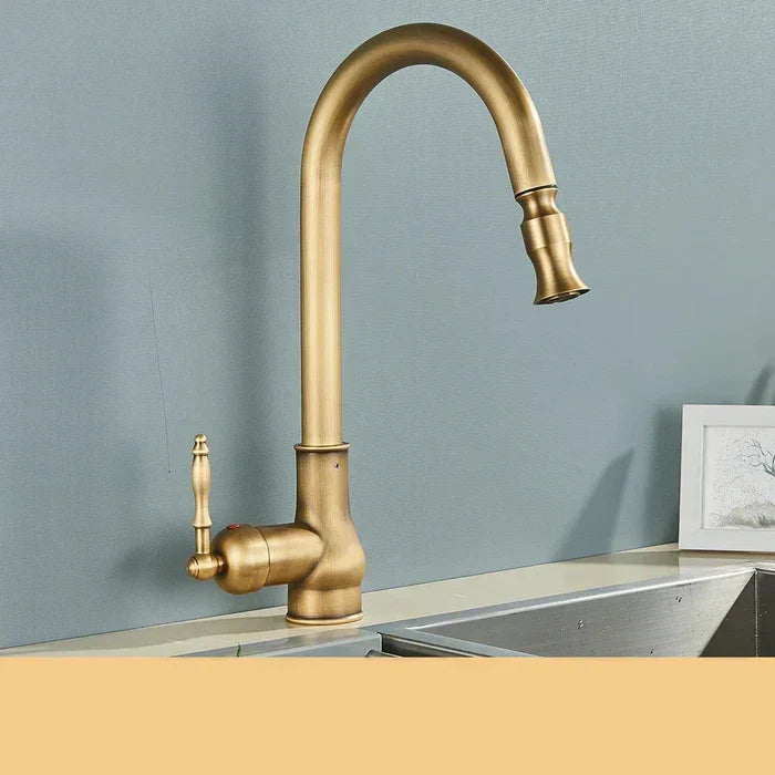 Gedetailleerde foto van antiek messing keukenkraan; stijlvol vintage design voor een klassieke keuken.