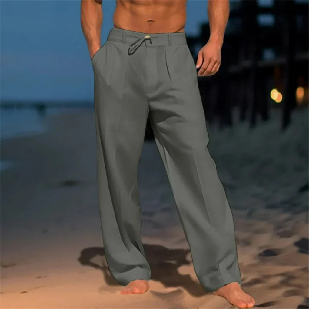 Elegante khaki linnen herenbroek met rechte pijpen, perfect voor zomerse casual of zakelijke outfits, ademend en comfortabel.