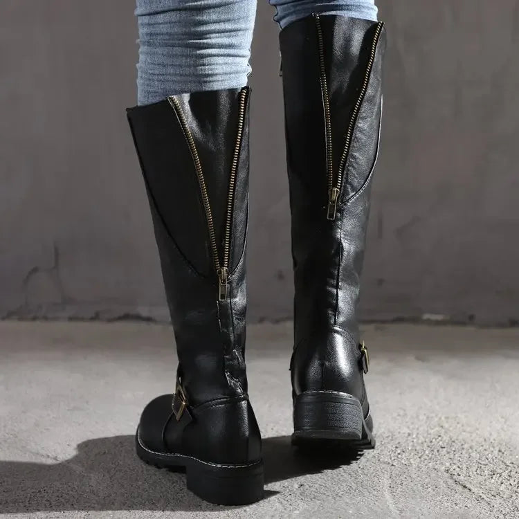 Elegante, kniehoge dameslaarzen van leer met ritssluiting, in het zwart; combineert een stijlvol ontwerp met comfort.