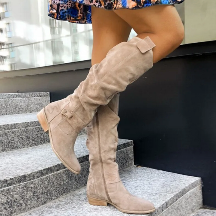 Elegante kniehoge dameslaarzen, klassiek beige design, veelzijdig en stijlvol voor elke gelegenheid, de hele dag comfort.