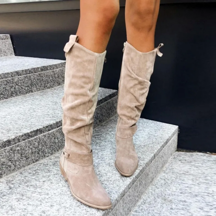 Elegante kniehoge dameslaarzen, klassiek beige design, veelzijdig en stijlvol voor elke gelegenheid, de hele dag comfort.