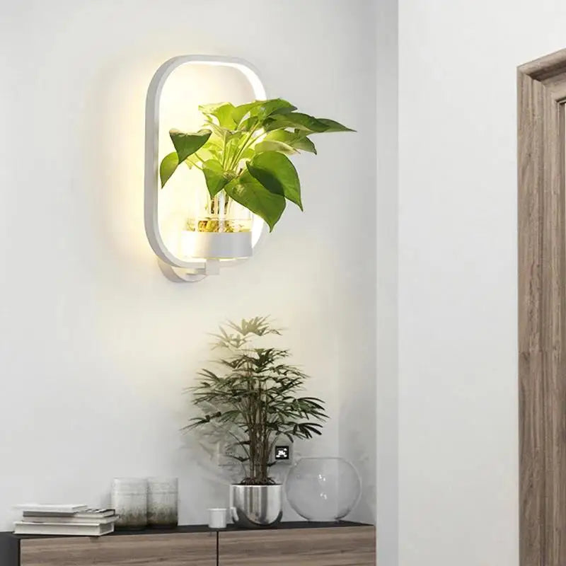 Elegante LED-Planten-Wandlamp met plantenhouder, modern design, warm licht, ruimtebesparend, natuurlijke woonstijl