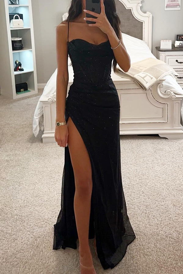 Glitter maxi avondjurk Lorena voor dames, met verleidelijke hoge split, ideaal als formele of gala jurk.
