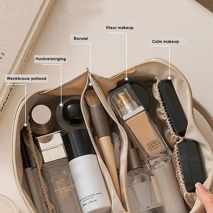 Praktische toilettas en reistas voor dames; compacte cosmetica organizer om essentials geordend mee te nemen.