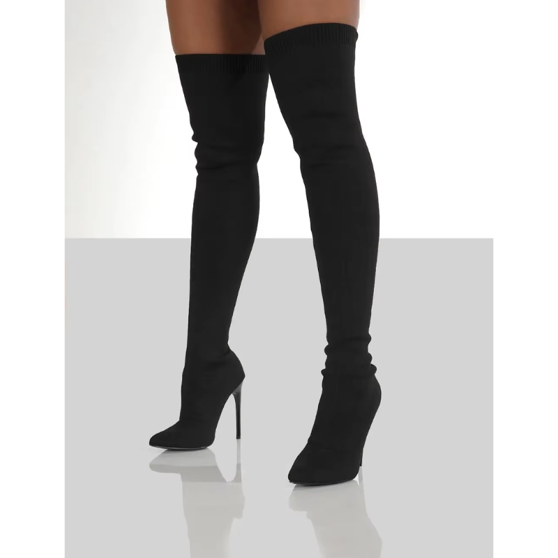 Elegante overknee stretch stiletto laarzen in zij-aanzicht, ideale damesmode voor trendy looks.