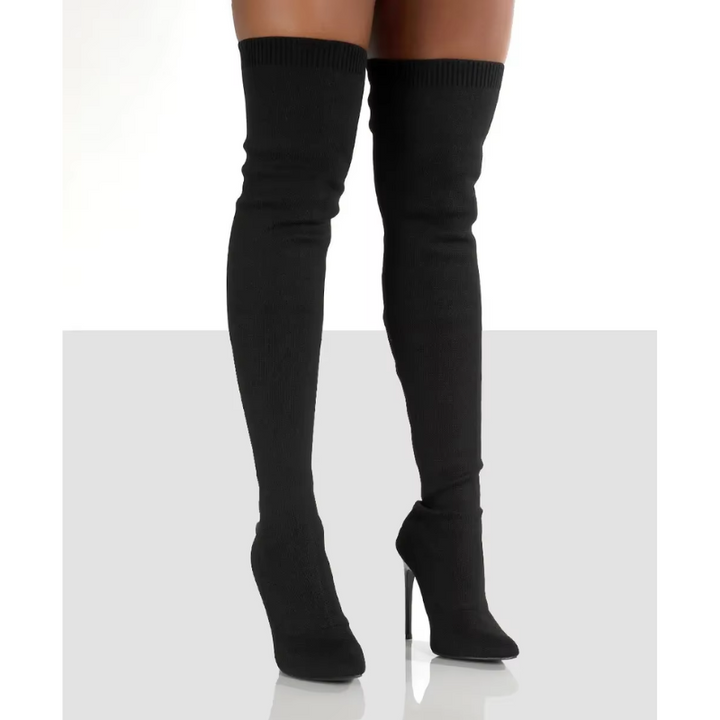 Elegante overknee stretch stiletto laarzen in zij-aanzicht, ideale damesmode voor trendy looks.