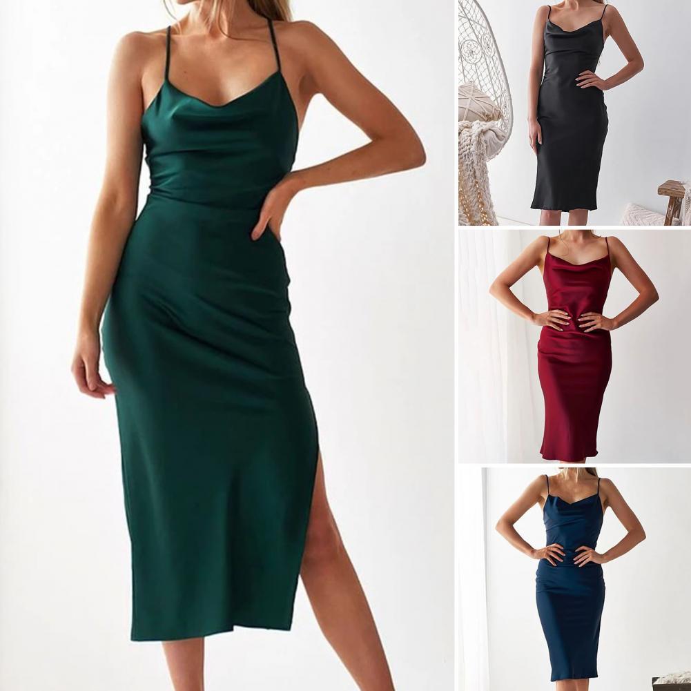 Luxe satijnen dames watervalhals jurk, elegante pasvorm, chique avond- en feestjurk voor dames.