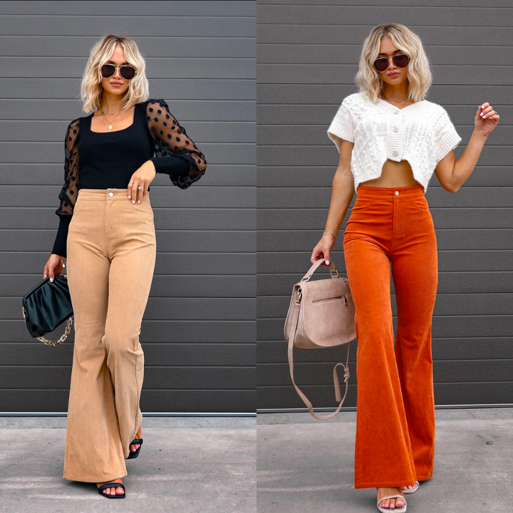 Dames flare broek met elegante uitlopende pijpen, accentueert vrouwelijke rondingen, verkrijgbaar in diverse kleuren zoals blauw en kaki, voor een stijlvolle look.