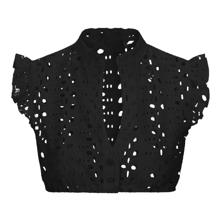 Elegante zwarte damesblouse met mandarijnkraag, die traditionele en moderne stijlen combineert voor een veelzijdige look.