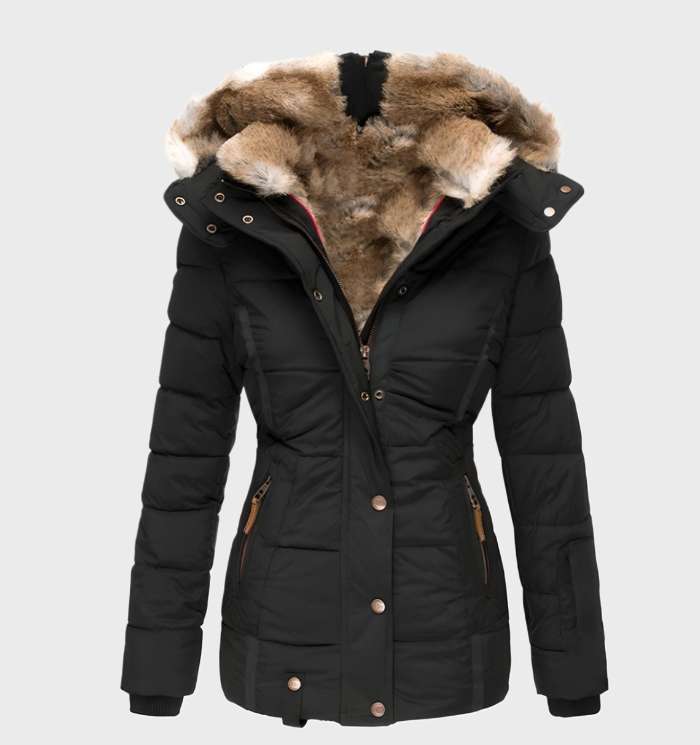 Elegante slim fit dames winterjas Aurora met warme capuchon, waterafstotend en ademend, in een stijlvolle zwarte kleur.