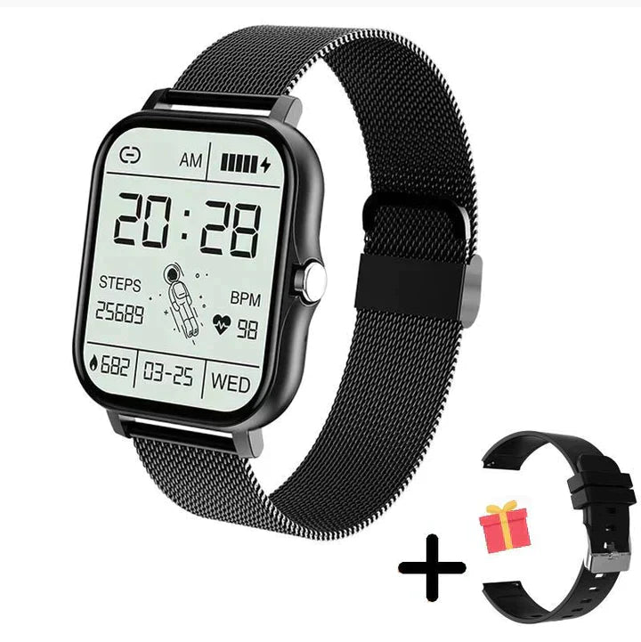 Elegante smartwatch in zilver, nauwkeurige gezondheidsmonitoring, langwerpige vorm, zwart wijzerplaat, Bluetooth-compatibel.