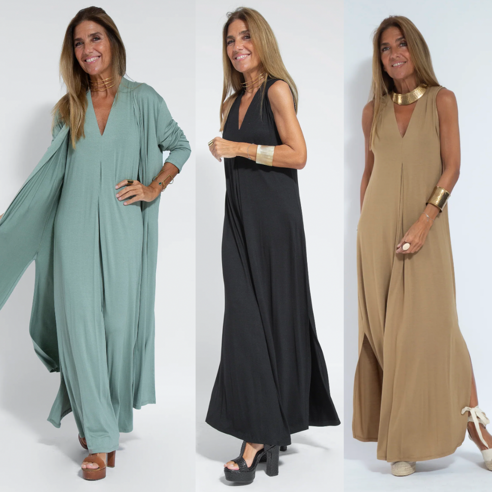 Slankmakende dames maxi-jurk met bijpassend vest, een complete en modieuze outfit.