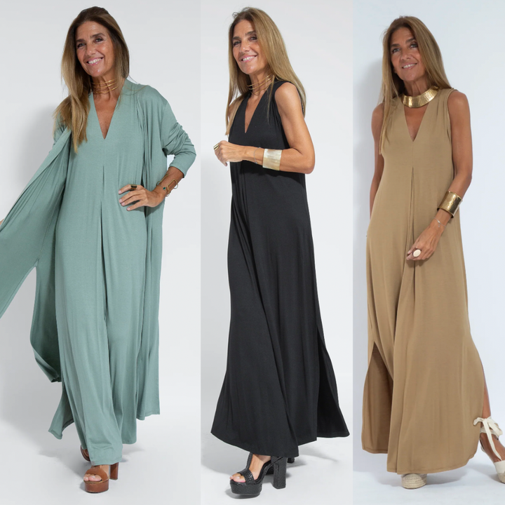 Slankmakende dames maxi-jurk met bijpassend vest, een complete en modieuze outfit.