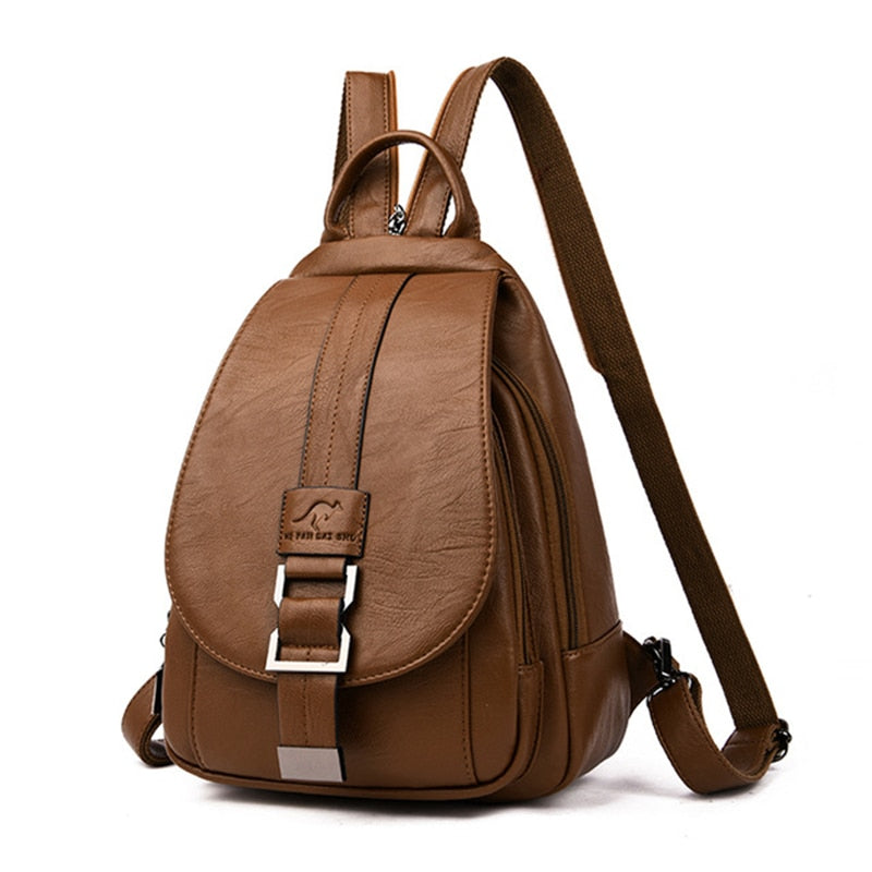 Stijlvolle leren rugzak dames, waterdicht design, schuine weergave, perfecte accessoire.