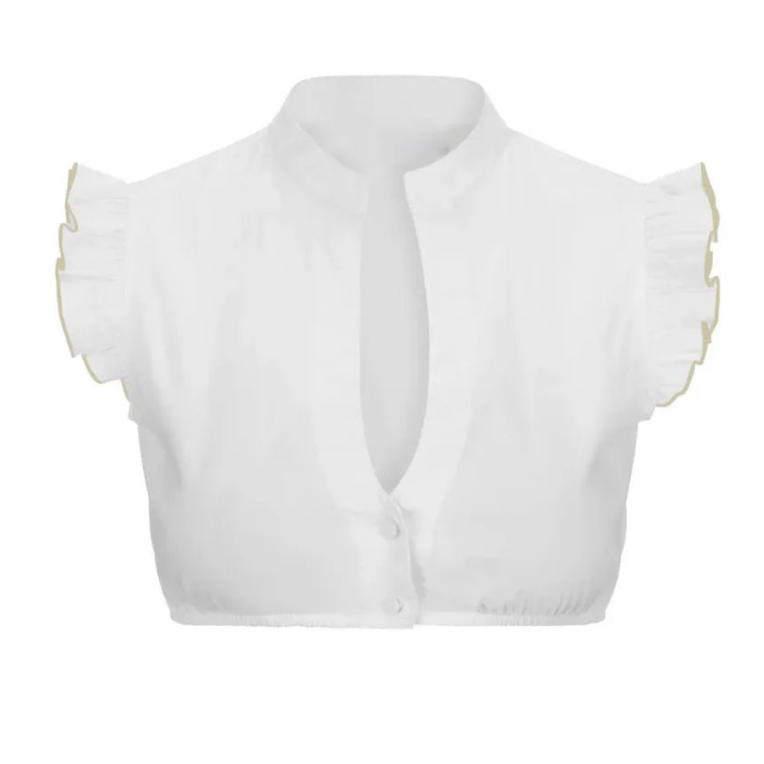 Elegante witte dirndlblouse voor dames, korte mouw met kantpatroon, perfecte aanvulling op trachtenoutfits.