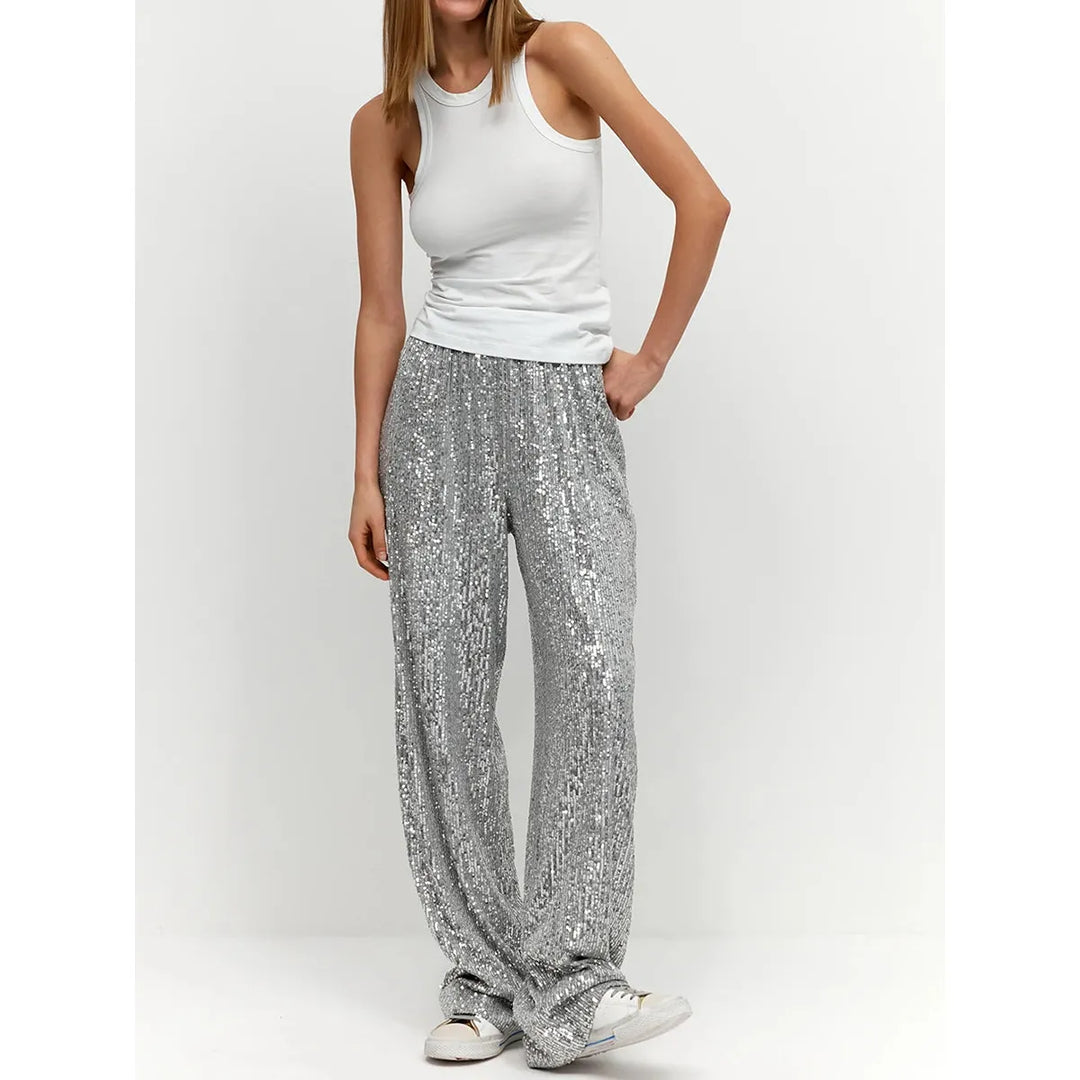 Elegante zijdezachte dames pailletten broek Luna, perfect voor feesten & avondkleding. Glamoureus & comfortabel.