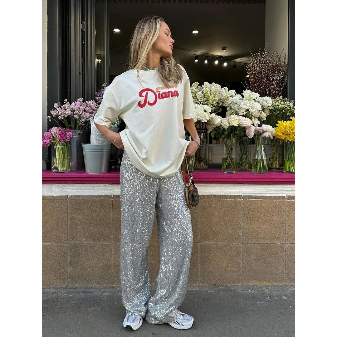 Comfortabele zijdezachte dames pailletten broek Luna. Elegant met glamour, perfect voor feestelijke avondkleding.