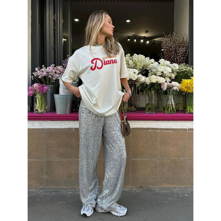 Comfortabele zijdezachte dames pailletten broek Luna. Elegant met glamour, perfect voor feestelijke avondkleding.