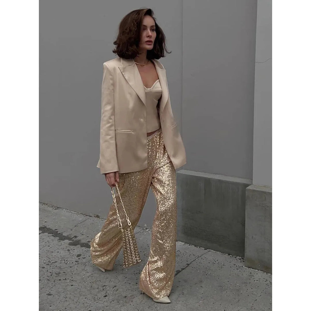 De Luna dames pailletten broek: zijdezacht, comfortabel & glamour. Elegante feestbroek voor stijlvolle avondkleding.