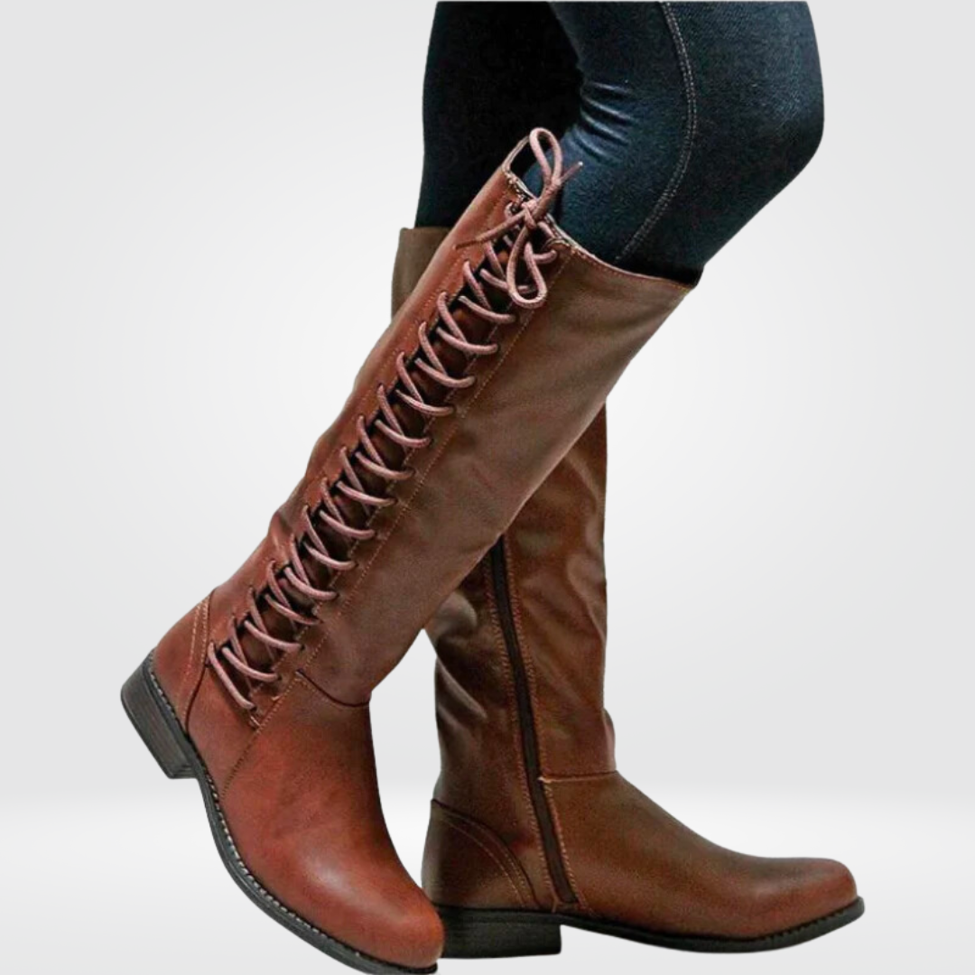 Stijlvolle bruine leren hoge dameslaarzen Elena; comfortabel, duurzaam en ideaal voor elke outfit.