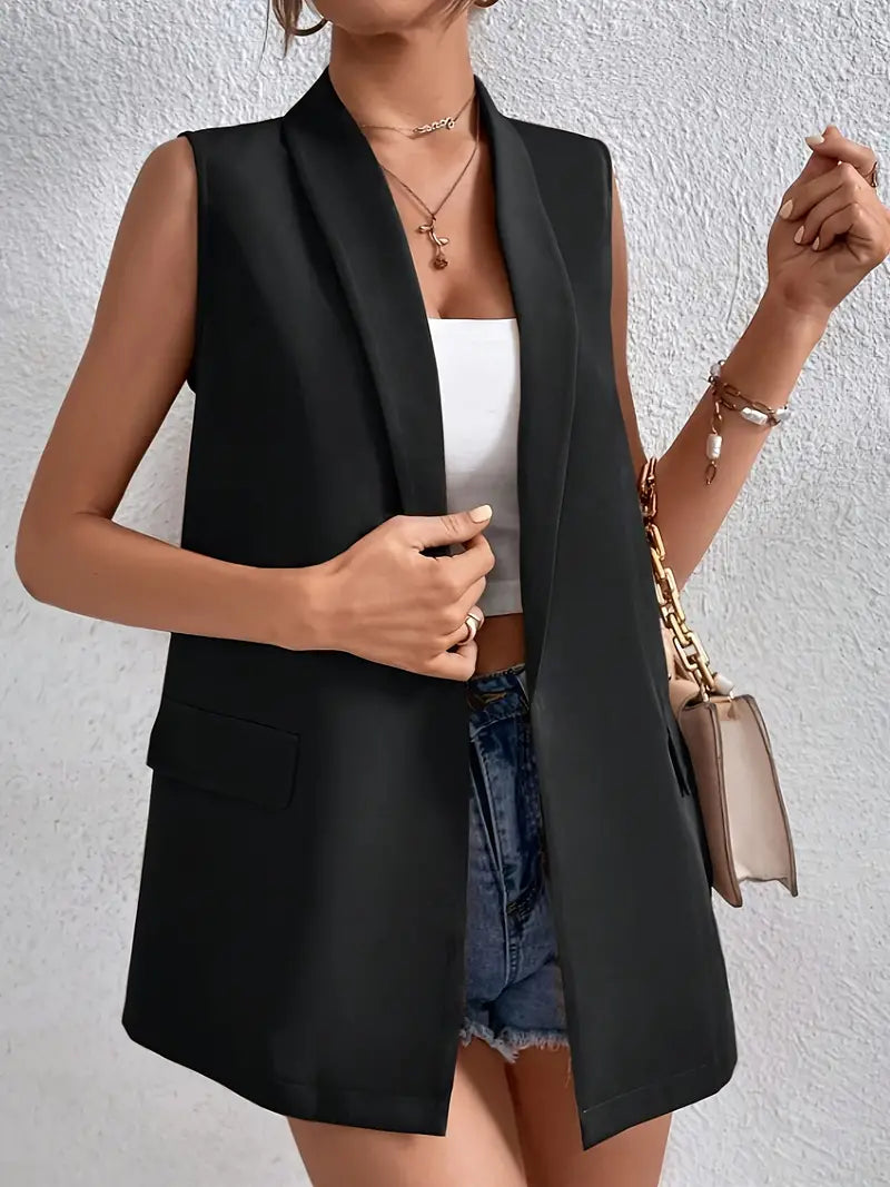 Elegante mouwloze blazer in een neutrale kleur, modern en veelzijdig, ideaal voor kantoor en speciale gelegenheden, licht en comfortabel.