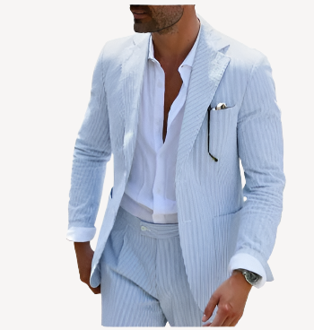 Elegant blauw gestreept herenpak, tweedelig, ideaal voor bruiloften, bestaande uit jasje en broek.