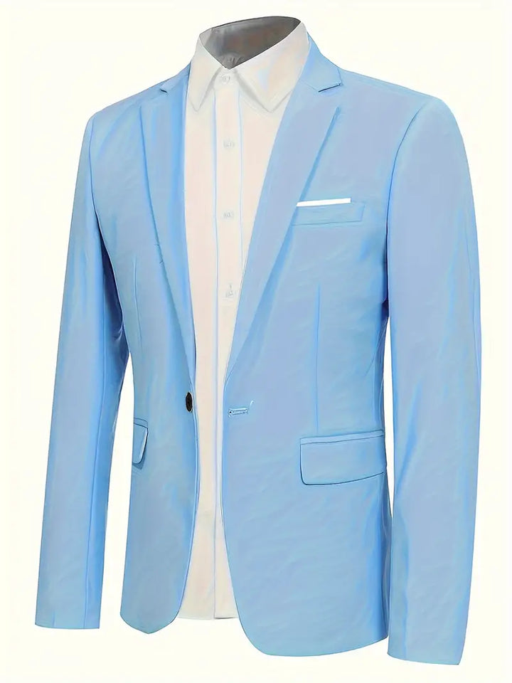 Elegant blauw herenkostuum met zakelijke blazer en broek, ideaal voor formele gelegenheden en moderne heren.