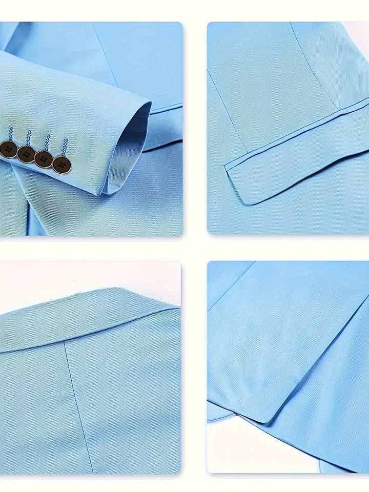 Elegant blauw herenkostuum met zakelijke blazer en broek, ideaal voor formele gelegenheden en moderne heren.