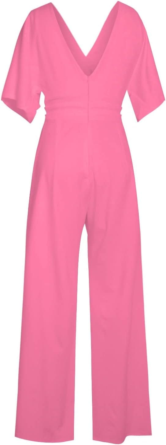Elegant damesjumpsuit met V-hals, dolmanmouwen, elastische tailleband en wijde pijpen in zwart en bordeauxrood.
