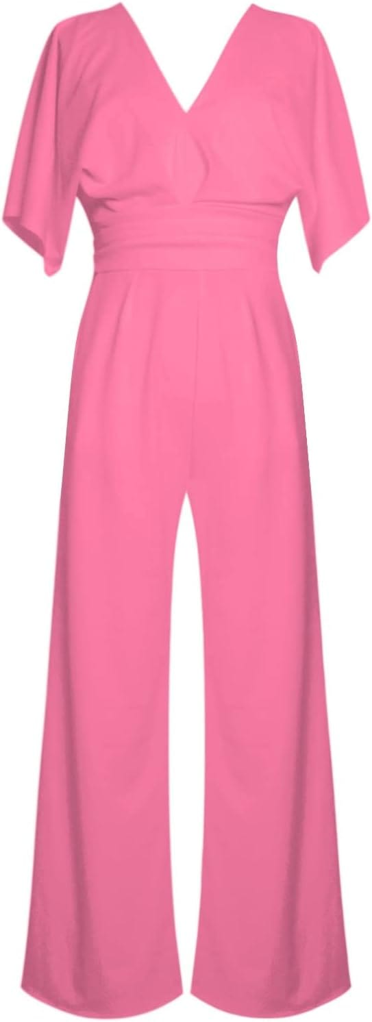 Elegant damesjumpsuit met V-hals, dolmanmouwen, elastische tailleband en wijde pijpen in zwart en bordeauxrood.