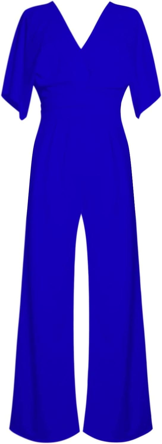 Elegant damesjumpsuit met V-hals, dolmanmouwen, elastische tailleband en wijde pijpen in zwart en bordeauxrood.