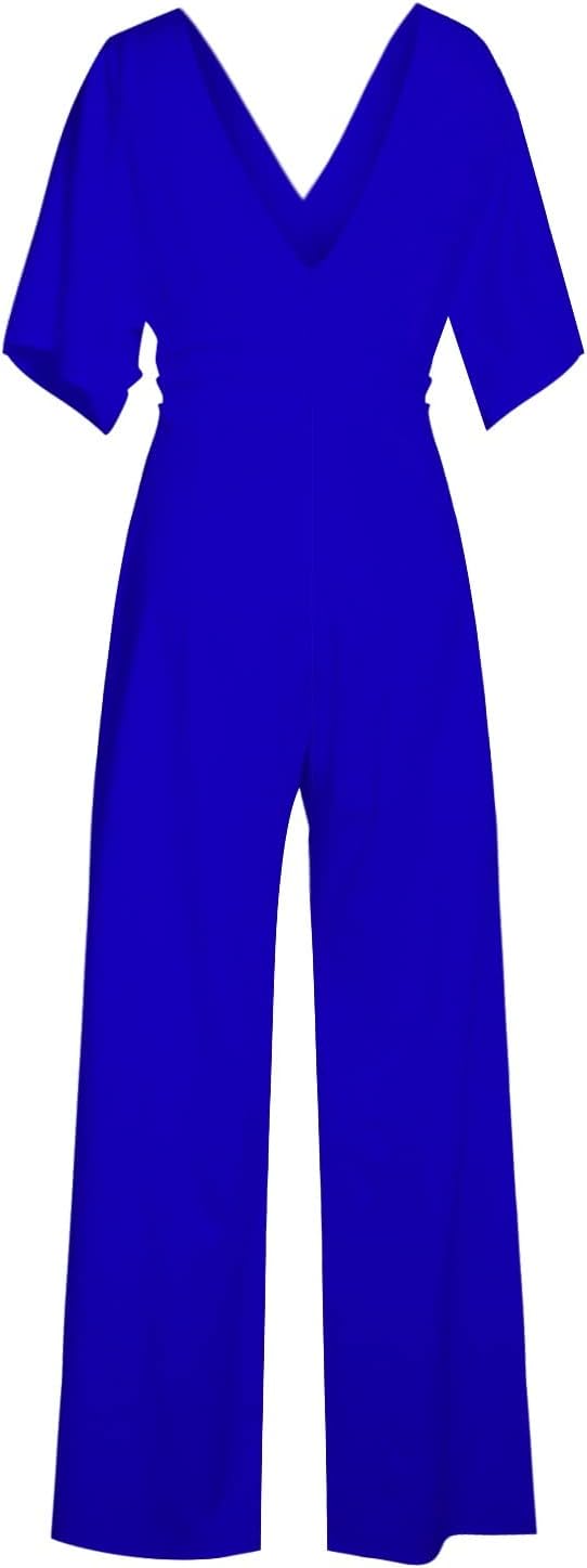 Elegant damesjumpsuit met V-hals, dolmanmouwen, elastische tailleband en wijde pijpen in zwart en bordeauxrood.