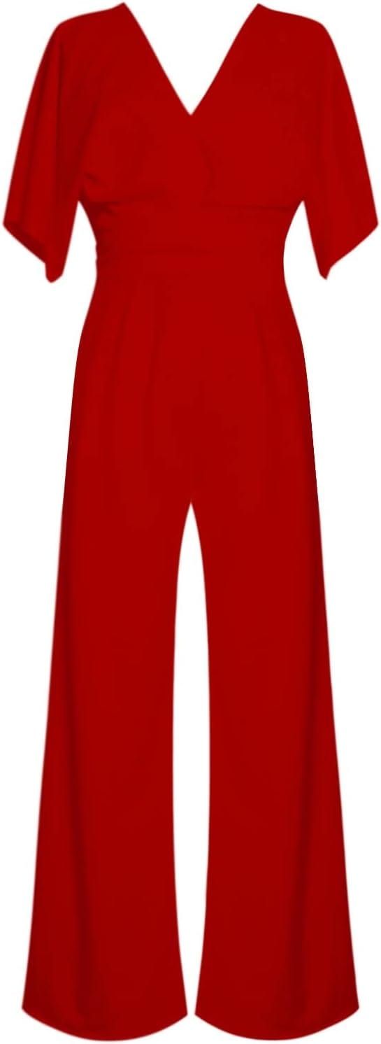 Elegant damesjumpsuit met V-hals, dolmanmouwen, elastische tailleband en wijde pijpen in zwart en bordeauxrood.