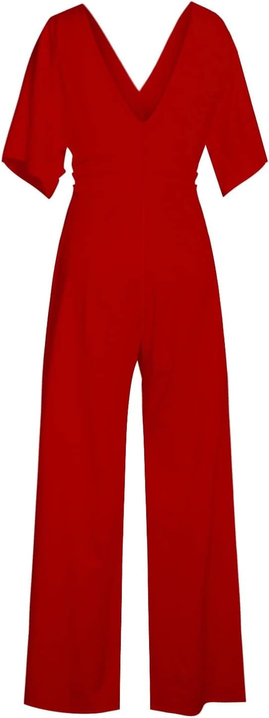 Elegant damesjumpsuit met V-hals, dolmanmouwen, elastische tailleband en wijde pijpen in zwart en bordeauxrood.