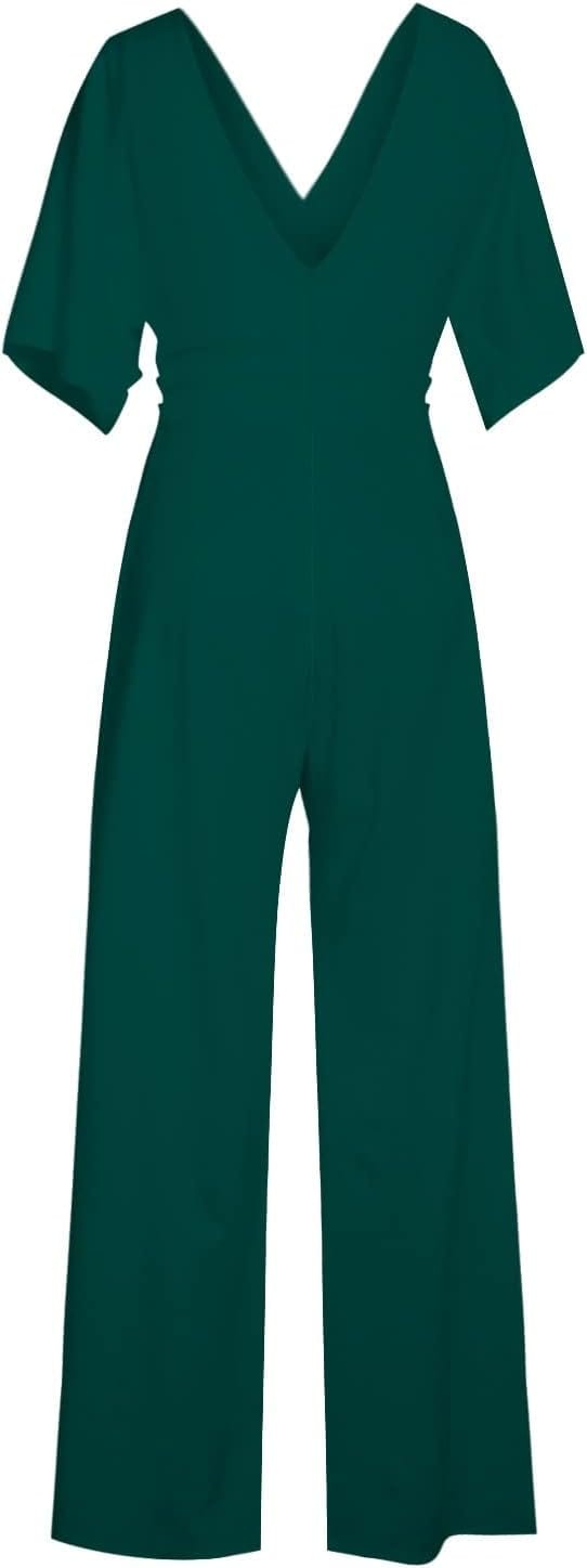 Elegant damesjumpsuit met V-hals, dolmanmouwen, elastische tailleband en wijde pijpen in zwart en bordeauxrood.