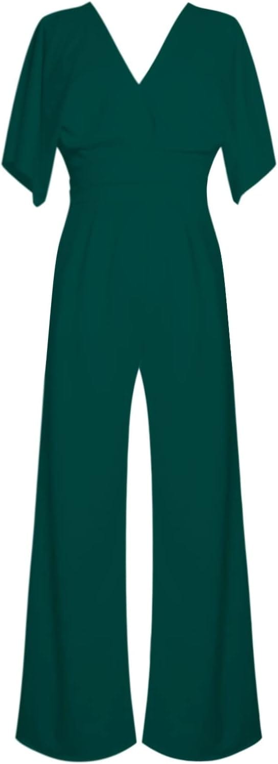 Elegant damesjumpsuit met V-hals, dolmanmouwen, elastische tailleband en wijde pijpen in zwart en bordeauxrood.