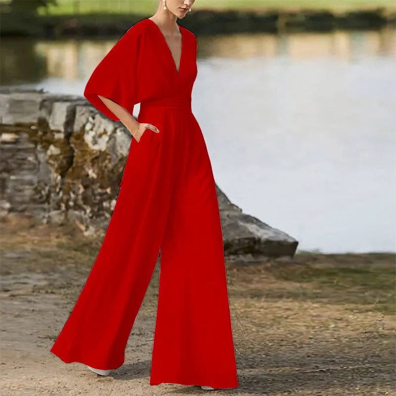 "Eleganter Damen-Jumpsuit mit V-Ausschnitt, Dolman-Ärmeln, elastischem Bund und weiten Hosen in Schwarz und Weinrot."