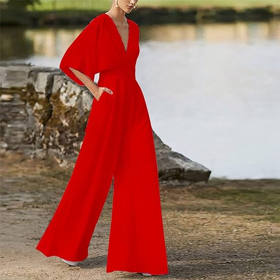 "Eleganter Damen-Jumpsuit mit V-Ausschnitt, Dolman-Ärmeln, elastischem Bund und weiten Hosen in Schwarz und Weinrot."