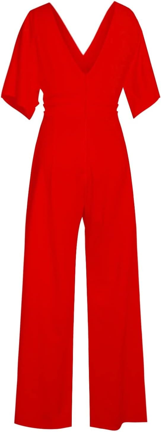 "Eleganter Damen-Jumpsuit mit V-Ausschnitt, Dolman-Ärmeln, elastischem Bund und weiten Hosen in Schwarz und Weinrot."